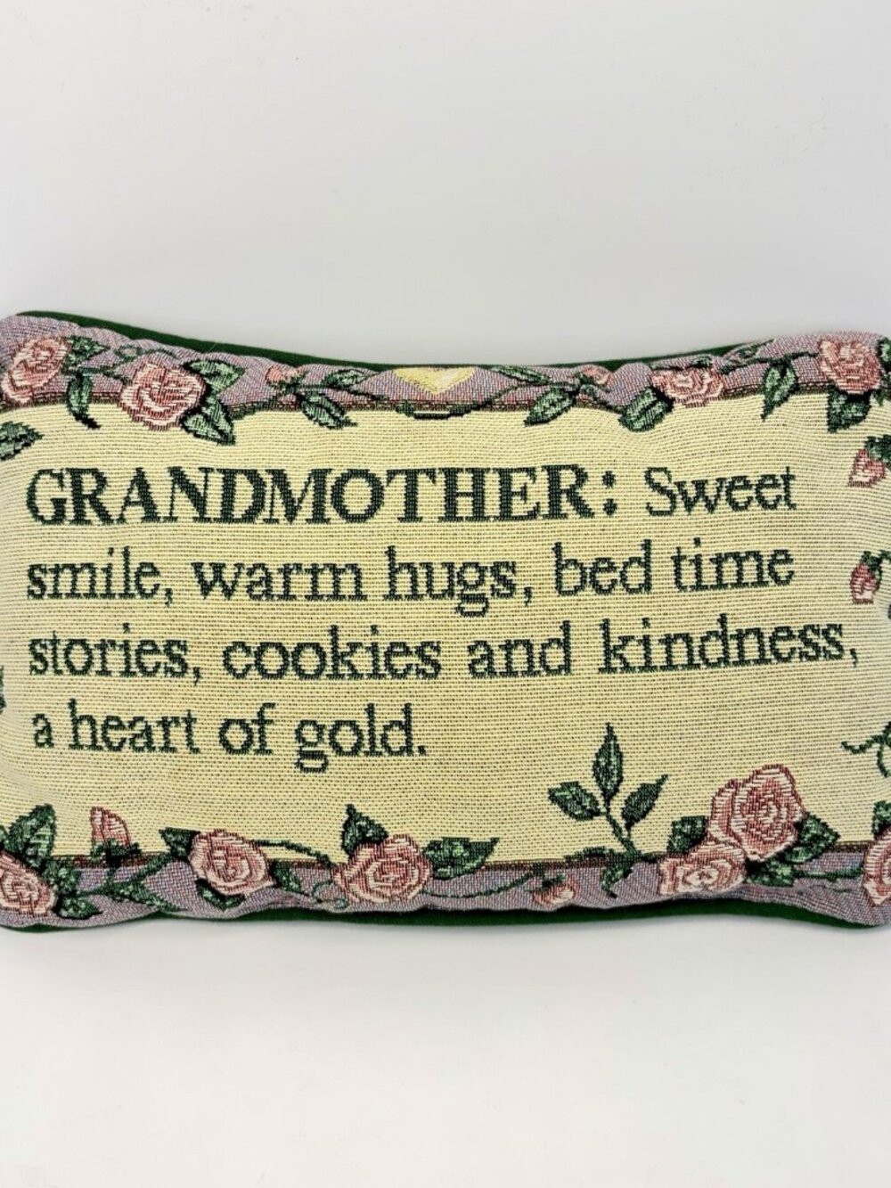 Tapestry Throw Pillow Grandmother Sweet Hugs Stories Cookies Roses Green VTG